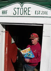 man reading in store front